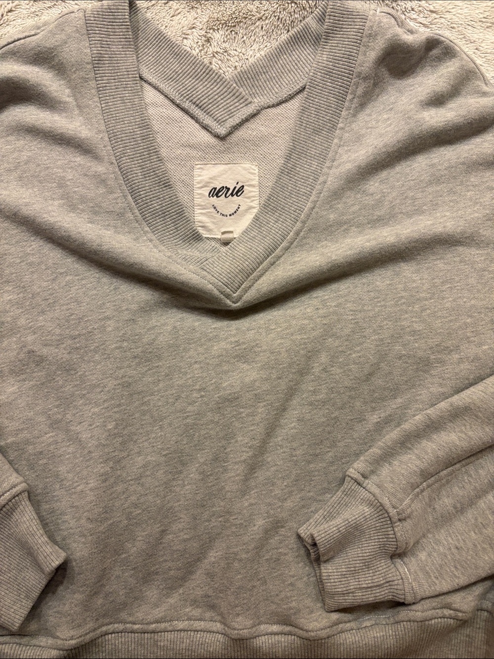 aerie Light Gray V-Neck Pullover Sweatshirt